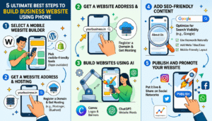 Infographic showing 5 steps to build a business website using a phone: selecting a builder, getting a domain, using AI tools, SEO content, and promotion.